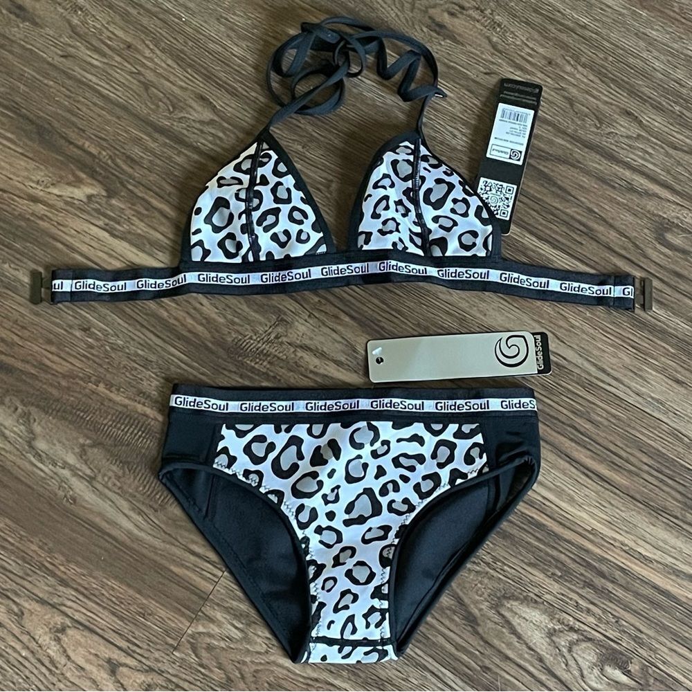 NWT GlideSoul Leopard Print Neoprene Bikini Set Black White Gray Size Small